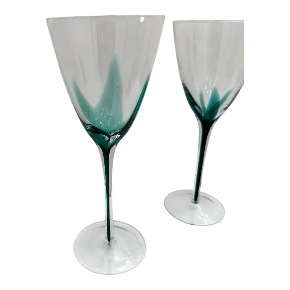 Pier 1 Emmie Crystal Wine‎ Glass Hand Blown Dark Green Filament Stem Barware 9”
